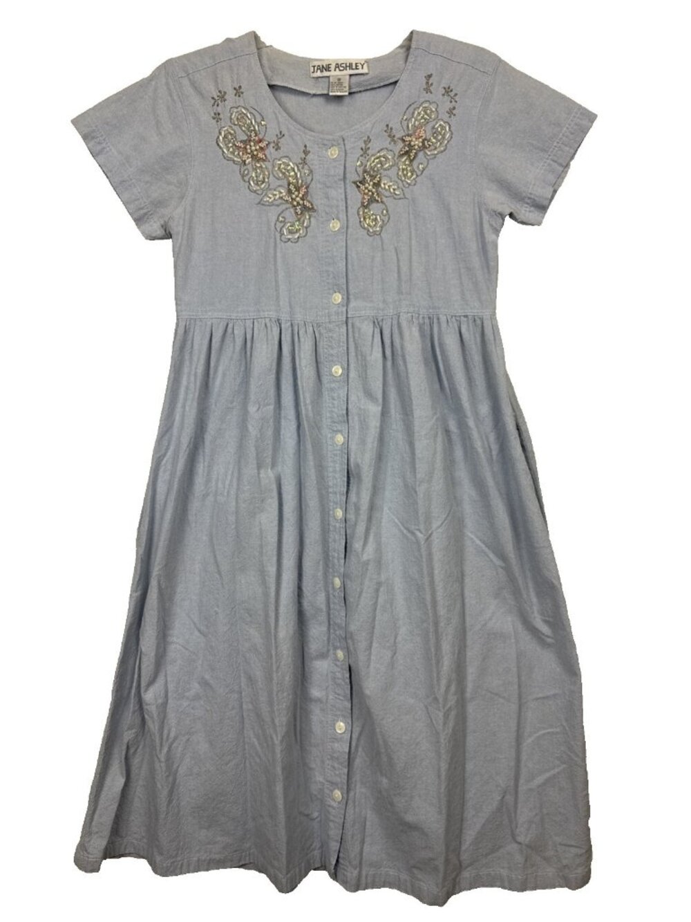 1990s Jane Ashley Blue Beaded Dress Medium high waist cotton full button front
